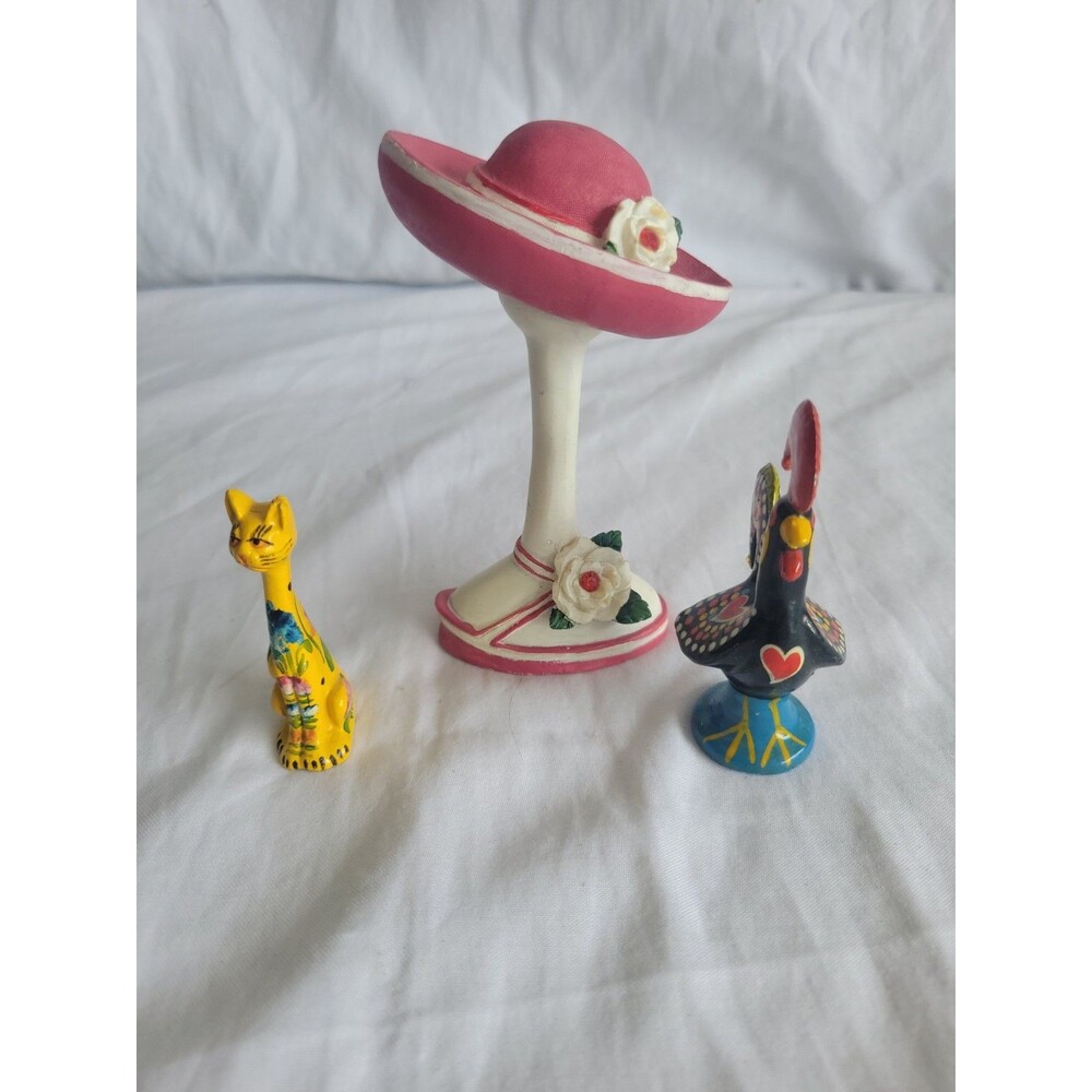 Vintage Folk Art Figurine Lot 3 Pieces Portuguese Rooster Cat Hat Shoe Stand